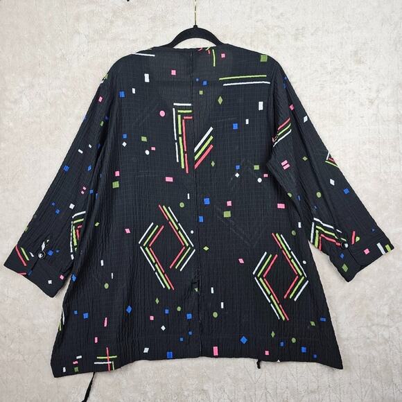Ali Miles Blouse 1X Geometric Sheer Button Retro Relaxed Timeless Artsy Black - Picture 7 of 7